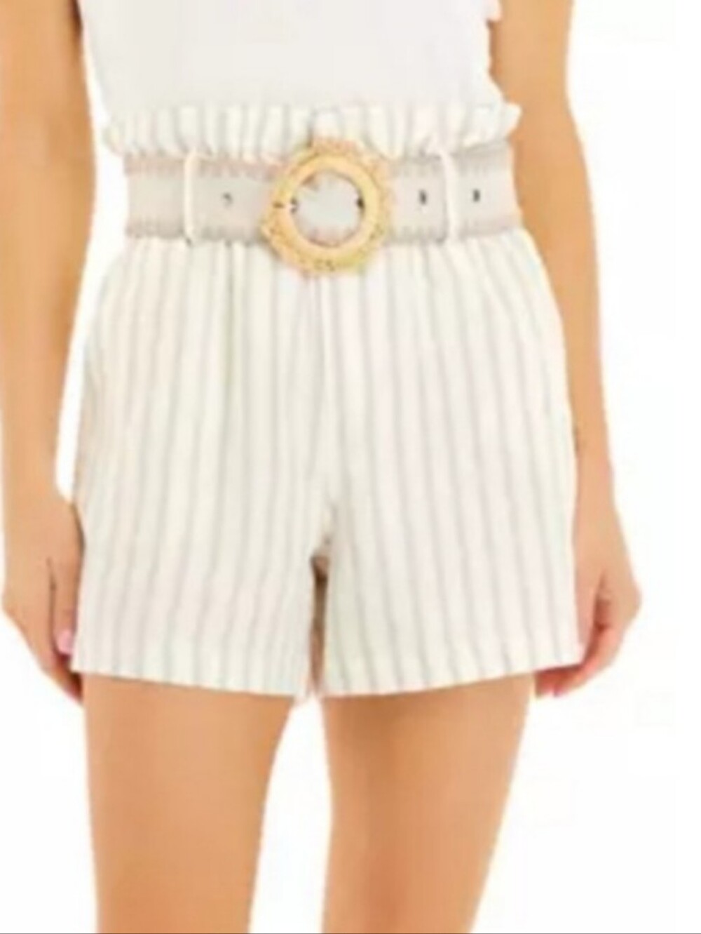 Sam Edelman Cream and Light Gray Striped High-Waist Shorts
